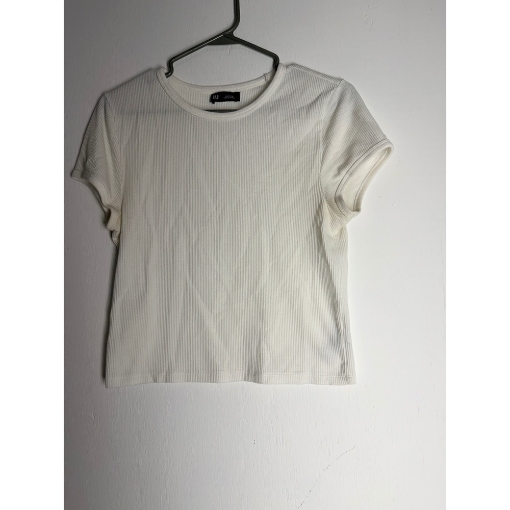 Gap Ribbed Short Sleeve Tee Shirt Off White Cream Crew Neck Basic Medium